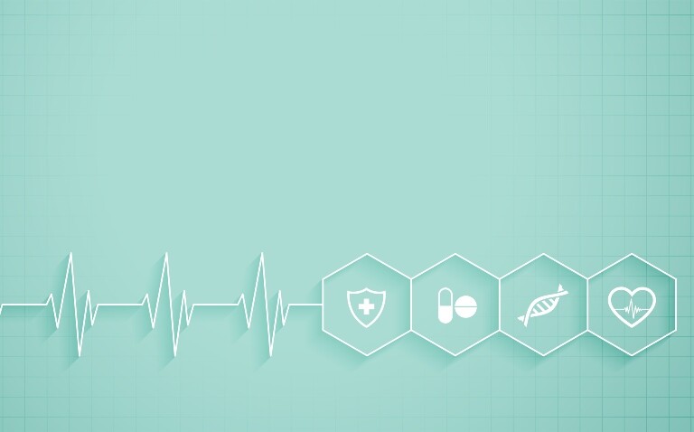 ECG trace evolving into hexagons containing icons representing healthcare provision
