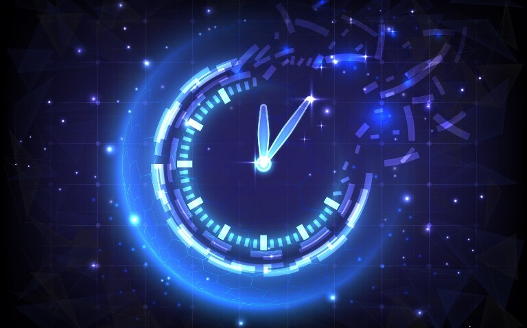 A digital illustration of a glowing blue clock on a grid background with the hands pointing to 12:05 and the edge of the clock between 12 and 3 broken into pieces to illustrate AI admin support via Microsoft Copilot saving healthcare staff time and increasing productivity