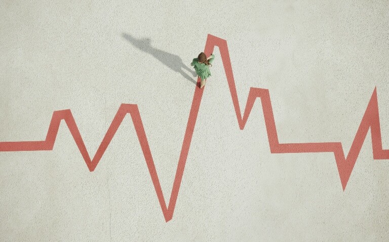 Woman walking on a red painted ECG trace zigzag line on a neutral background to represent the steps forward in research and guidance to improve cardiovascular care presented at the 2025 ESC Congress