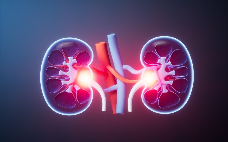 A digital illustration of a cross section of two human kidneys with a glow in the centre of each to illustrate the acceleration of renal cancer diagnosis via the UK's first one-stop renal mass biopsy clinic