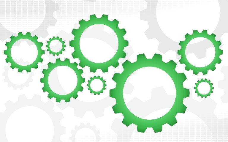 A series of green cogs on a white background with lighter grey cogs to represent progress in addressing sustainability in intensive care via an ESICM Green Paper