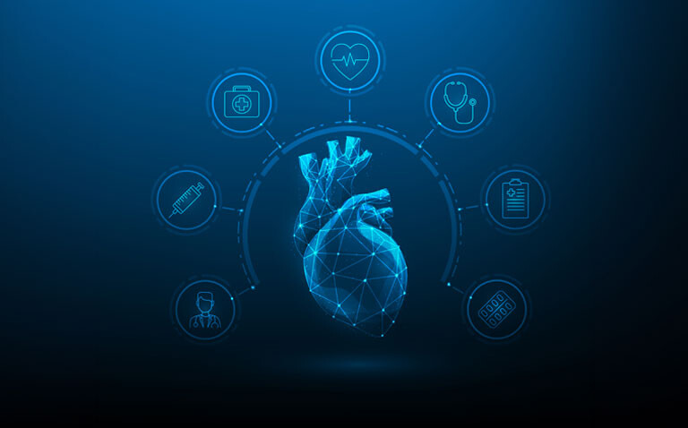Digital illustration of a human heart surrounded by medical icons