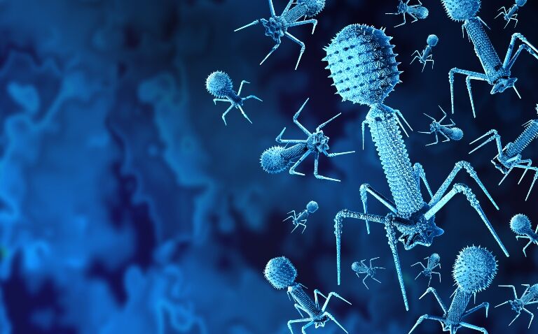 Blue computer-generated representation of bacteriophages for phage therapy tackling AMR