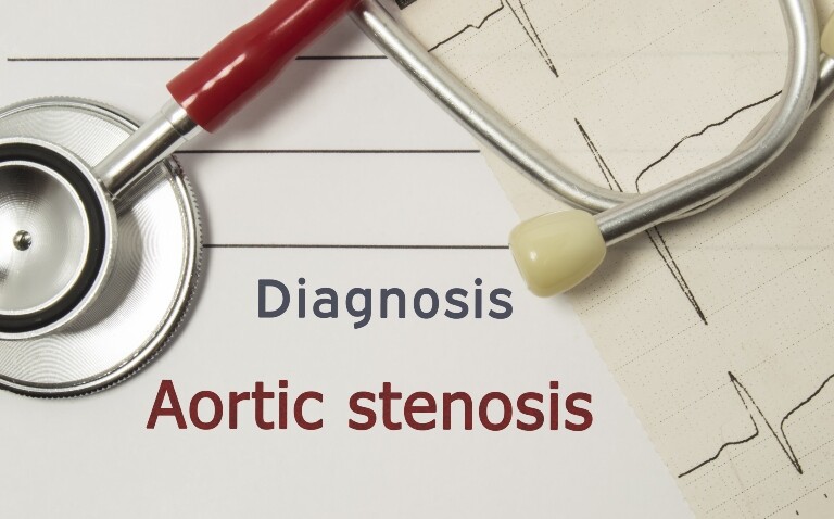 A medical chart with the words diagnosis aortic stenosis and an ECG trace and stethoscope overlayed to represent treatment disparities being reinforced in a new study