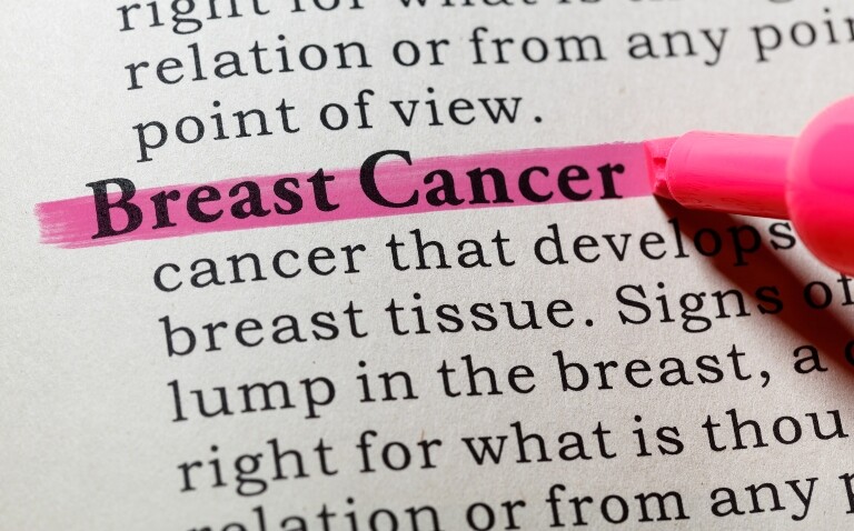 A dictionary definition of breast cancer with a pink highlighter highlighting the words breast cancer to illustrate the finding that biomarkers may predict pembrolizumab efficacy in metastatic breast cancer