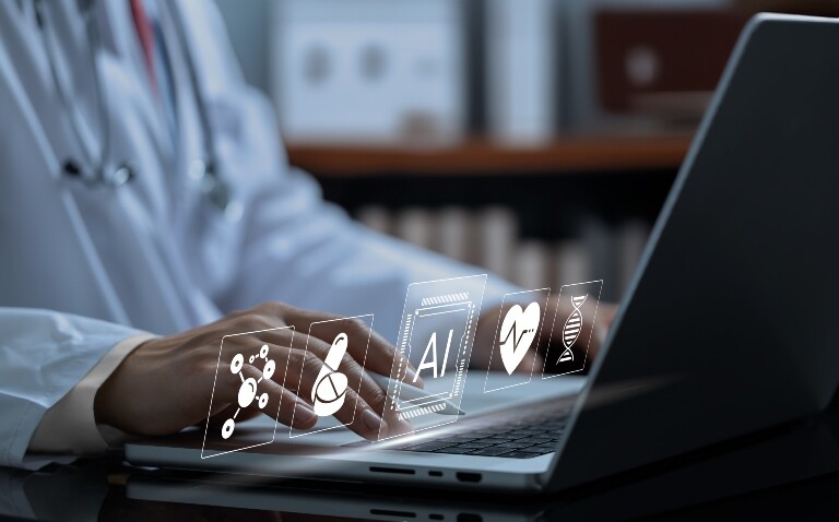 A doctor using a laptop with digital icons representing AI