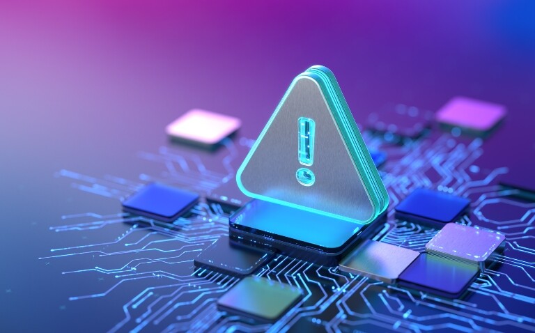 A computer-generated 3D illustration of a blue glowing warning symbol on a circuit board with a purple to blue graded background representing machine learning being able to identify CAD risk and refine patient selection in CCTA
