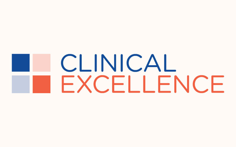 A logo on a light orange background with a grid of four squares on the lefthand side in different shades of blue and orange and the words Clinical Excellence on the right with the first word in blue and the second in orange.