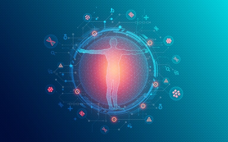 Digital illustration of a human figure with arms outstretched with a glowing red circle in the centre surrounded by digital symbols and data graphics to represent a deep learning tool enhancing metastatic risk prediction in cutaneous squamous cell carcinoma