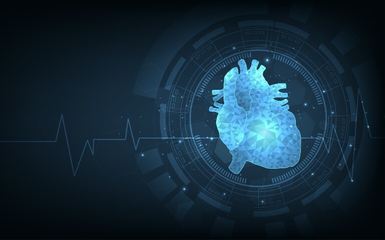 Concept of cardiology treatment technology with ECG trace and a lens focusing on a geometric human heart shape to illustrate AI reporting of ambulatory ECGs