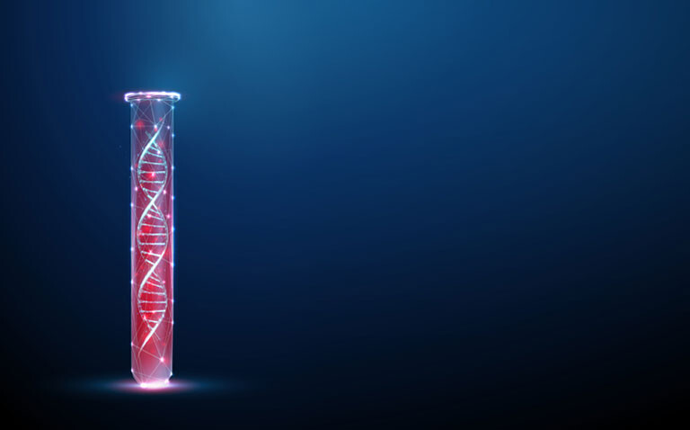 A computer generated illustration of a test tube with a red DNA strand inside on a dark blue background to represent genomic testing pathways discussed in the UKLCC lung cancer report
