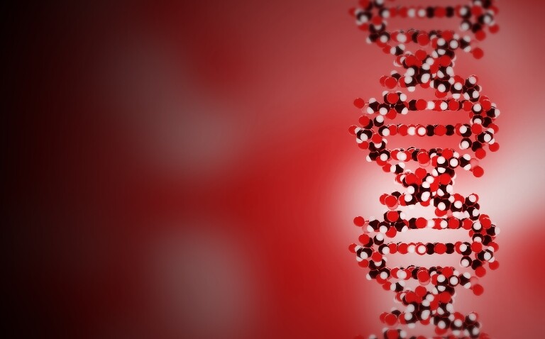 An abstract DNA double helix made up of small red