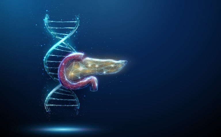 Computer generated image of a blue double helix and a yellow pancreas overlayed on a blue background to illustrate the genetic link between pancreatitis and GLP-1 receptor agonists being investigated by the Yellow Card Biobank