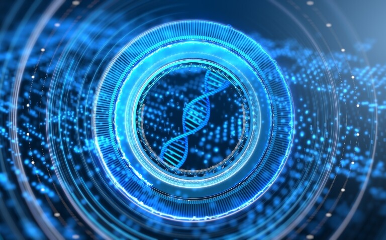 Digital illustration of a DNA double helix surrounded by glowing blue circular data patterns