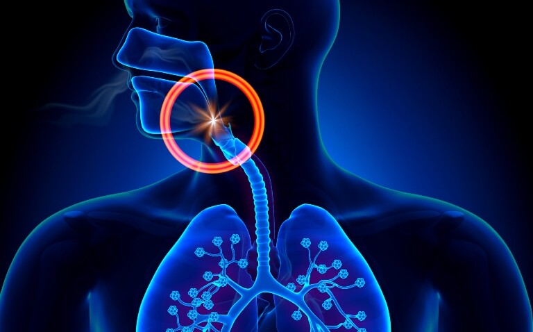 A digital illustration of a human respiratory tract with a glowing spark over the back of the throat to illustrate higher levels of air pollution being associated with worsened obstructive sleep apnoea