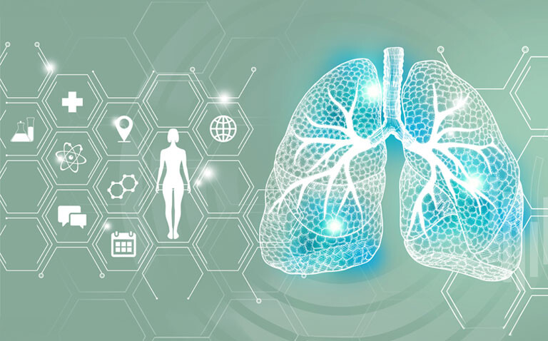 Digital illustration of human lungs surrounded by medical and scientific icons