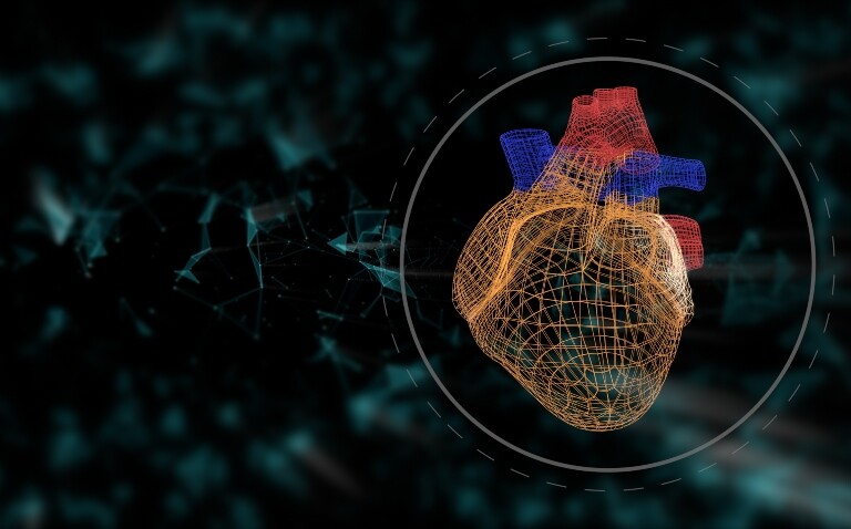 Digital wireframe model of a human heart in a circle on a futuristic background to represent cardiac digital twin technology for arrhythmia localisation