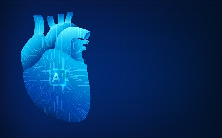 Digital illustration of a human heart with circuit patterns at the letters AI in the centre