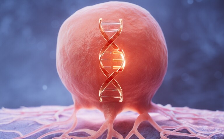A digital illustration of a cancer cell with a DNA strand over the top to illustrate that key biomarkers of lapatinib resistance have been uncovered in HER2-positive breast cancer