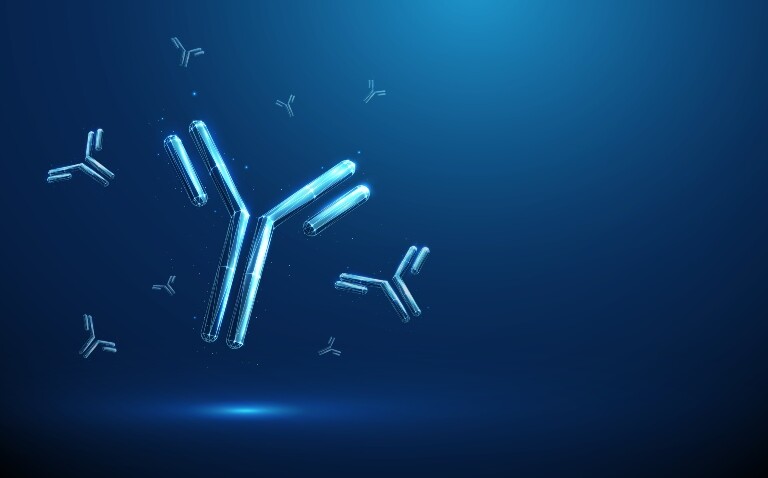 A digital illustration of blue monoclonal antibodies on a darker blue background to illustrate lebrikizumab plus topical steroids showing sustained disease control in refractory atopic dermatitis