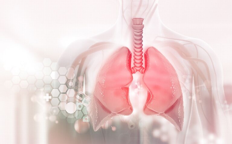 A computer-generated image of human lungs with medical symbols in the background to represent lung cancer and neoadjuvant therapy
