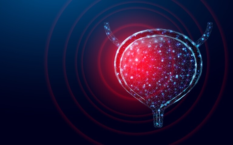 A computer-generated abstract image of a bladder with red concentric circles on the lefthand side to represent a target to illustrate machine learning predicting ICI immunotherapy response in bladder cancer