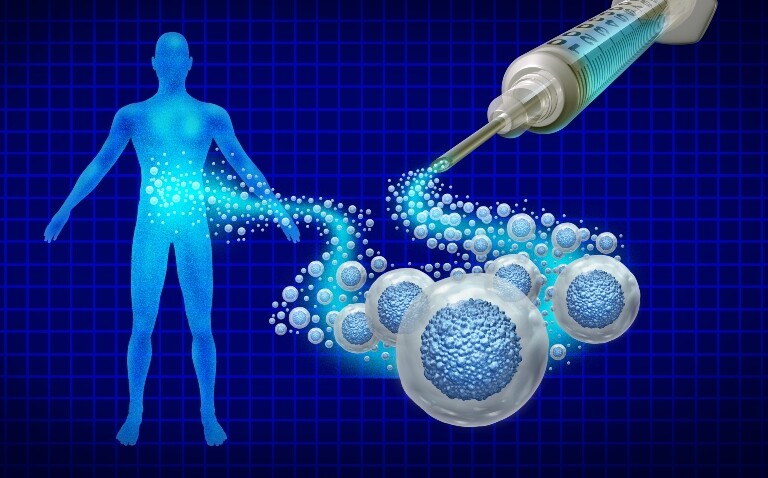 A computer-generated illustration of a blue human body outline on a dark blue graph paper background with a syringe to one side and a stream of cells joining the syringe to the body to illustrate mesenchymal stromal cells showing promise in refractory psoriasis