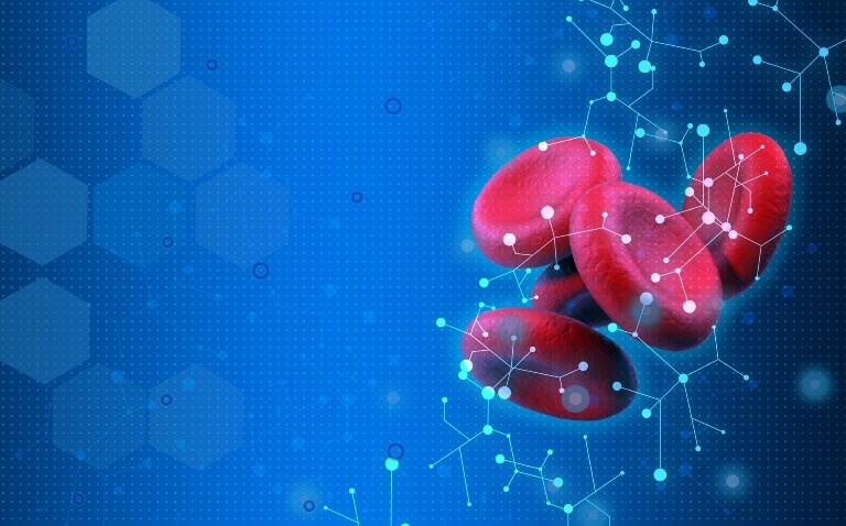 A computer-generated image of cluster of five red blood cells on the right hand side with a combination of connected lines and bots overlayed and a dotted grid background with a series of hexagons on the left to represent the discovery of DIAL syndrome