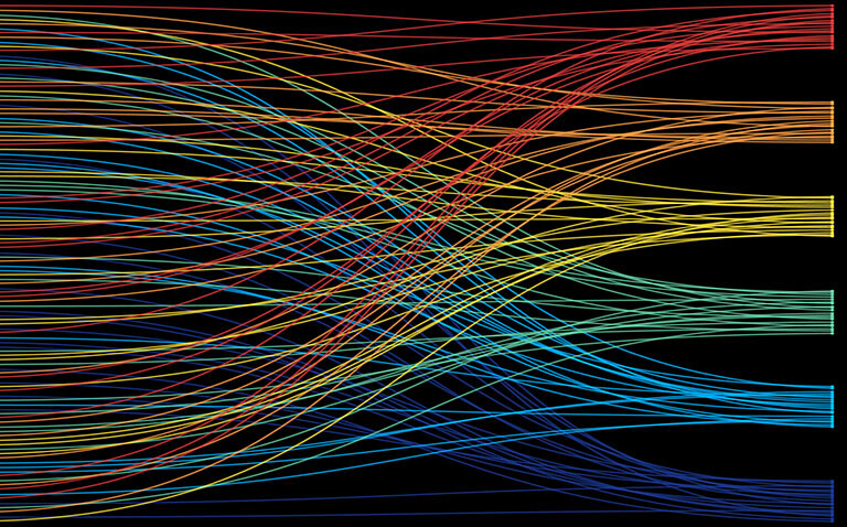 A jumble of rainbow coloured lines on a black background merging into six clear groups to signify a six-pronged framework for artificial intelligence in the NHS