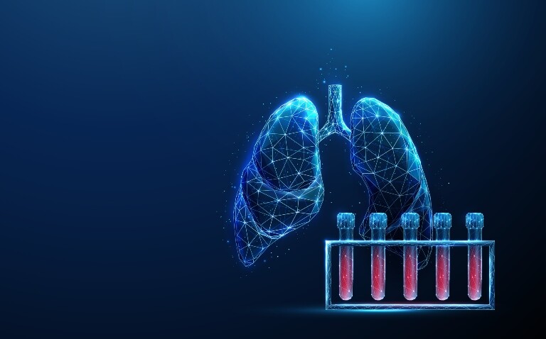 A digital illustration of a wireframe pair of human lungs and a rack of test tubes in front filled with blood to illustrate research that shows biological remission is not clinically relevant in severe asthma