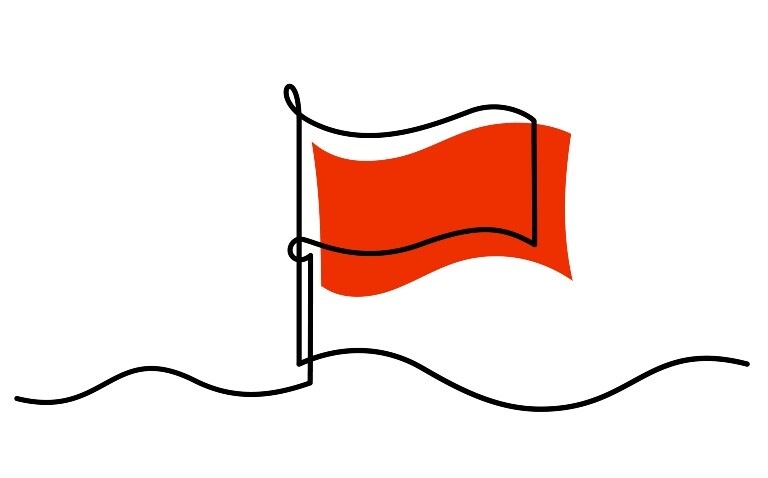 A single line drawing of a flag and a red block of colour offset behind the outline to illustrate red flag colorectal cancer symptoms often being mistaken for chronic condition medication side effects