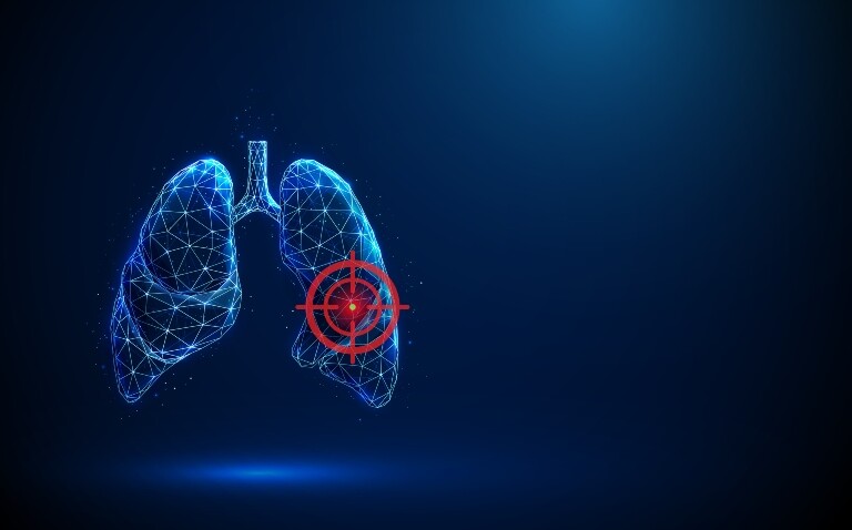 Digital illustration of polygonal wireframe lungs glowing in blue