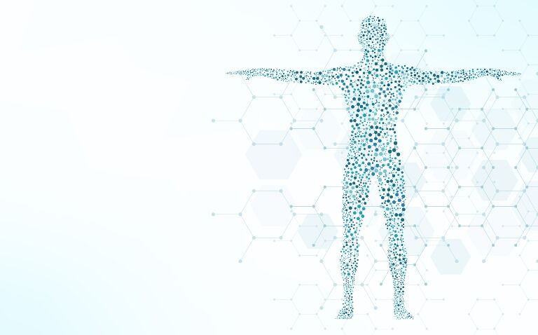 Illustration of the human body made up of small blue and green dots joined together with thin lines to suggest body surface area and the prescribing of anticancer drugs