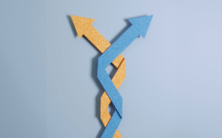 A yellow and a blue arrow weaving upwards and crossing over each other to represent the evolving relationship between trusts and ICBs