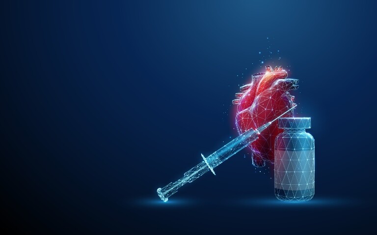 A digital illustration of a human heart with a syringe and vaccine bottle in front to illustrate a new ESC clinical consensus statement on the importance of vaccines in cardiovascular prevention