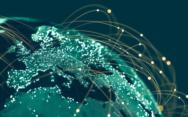 A blue globe showing Europe from space at night with countries and cities connected by lines to represent the unlocking of multinational real-world research and registries in atopic dermatitis