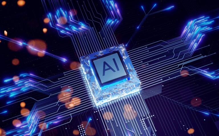 A glowing AI microchip is embedded in a circuit board