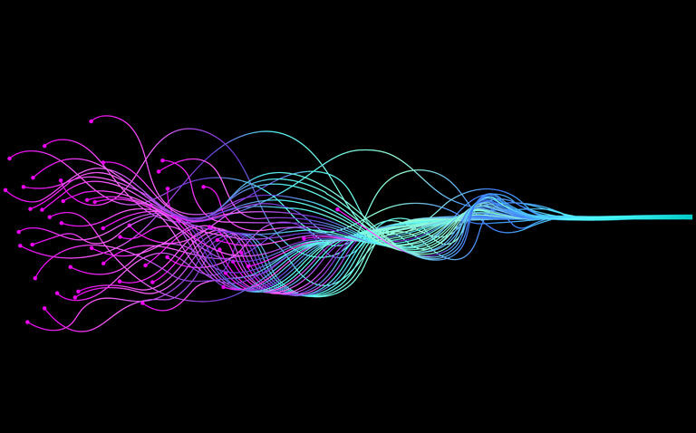 Abstract wavy blue and purple light lines merging into one to illustrate the artificial intelligence and deep learning concept of a neural network and using machine learning for the personalised prognostication of Merkel cell carcinoma