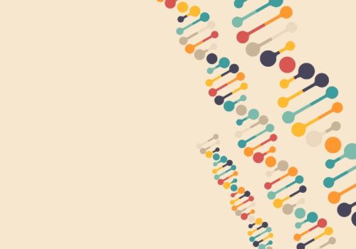 A stylised illustration of three multicoloured DNA double helix on a peach coloured background