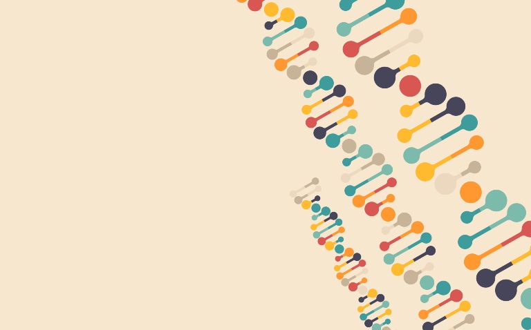 A stylised illustration of three multicoloured DNA double helix on a peach coloured background