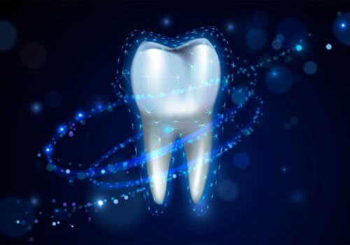 A digital illustration of a tooth and root on a dark blue background with a glowing mesh and sparks covering it to illustrate that rheumatoid arthritis and periodontitis are linked by dysbiosis-mediated inflammation and therefore periodontal therapy may partially reverse both oral and systemic inflammation