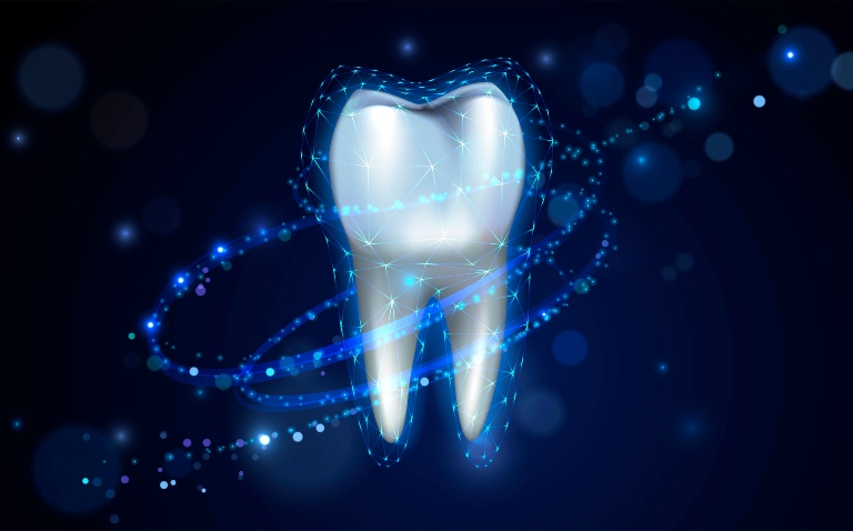 A digital illustration of a tooth and root on a dark blue background with a glowing mesh and sparks covering it to illustrate that rheumatoid arthritis and periodontitis are linked by dysbiosis-mediated inflammation and therefore periodontal therapy may partially reverse both oral and systemic inflammation
