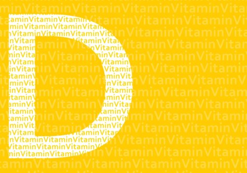 A light yellow D on a bright yellow background with the word vitamin in rows across it to illustrate the finding that Vitamin D deficiency increases risk of hospitalisation for respiratory infection