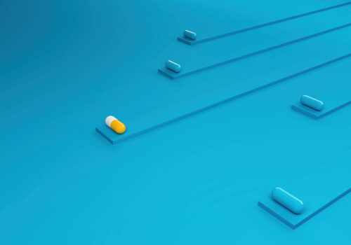 Minimalist 3D illustration of several capsules traveling along separate parallel tracks on a blue gradient background