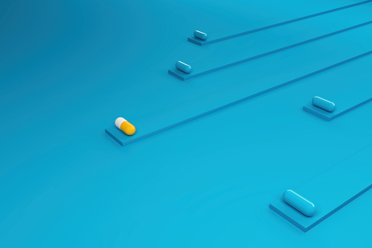 Minimalist 3D illustration of several capsules traveling along separate parallel tracks on a blue gradient background