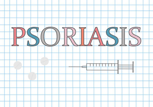 The word psoriasis with each letter in a different colour on a grid background and a syringe underneath to illustrate bimekizumab showing sustained patient benefits in a psoriasis extension study