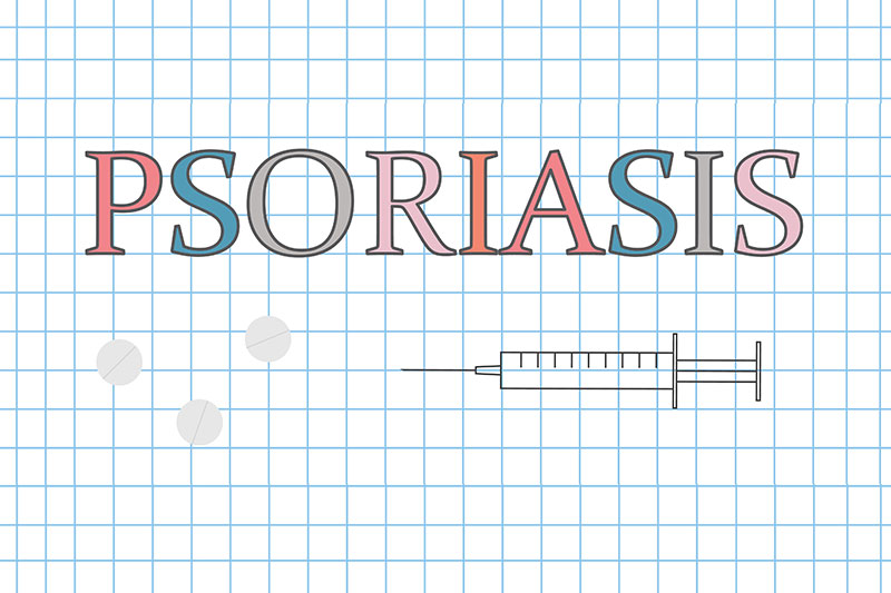The word psoriasis with each letter in a different colour on a grid background and a syringe underneath to illustrate bimekizumab showing sustained patient benefits in a psoriasis extension study