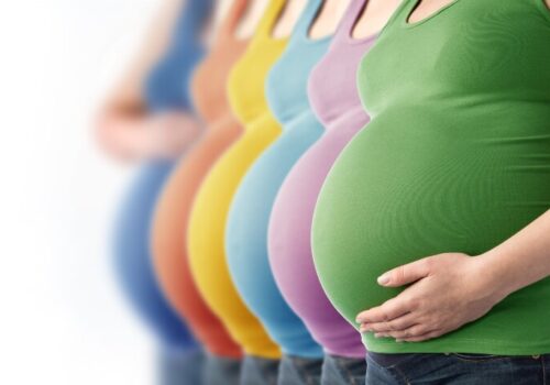 Six pregnant women in different coloured tops standing in a row to illustrate research into whether pregnancy biomarkers can predict future cardiovascular disease risk