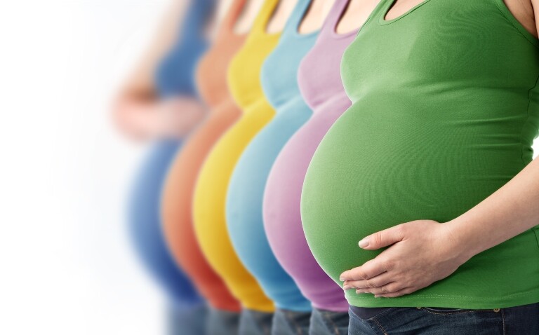 Six pregnant women in different coloured tops standing in a row to illustrate research into whether pregnancy biomarkers can predict future cardiovascular disease risk