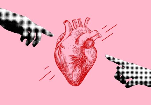 Illustrated anatomical heart in red centred on a pink background, with two pop art-style black-and-white dotted pointing hands directed toward it from opposite sides illustrating closing the gender gap in acute coronary syndrome via the GEDI-ACS registry